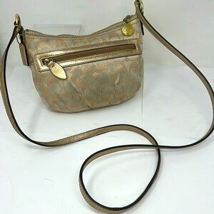 Coach Satin Beige Gild Logo Thread Zip Crossbody Bag